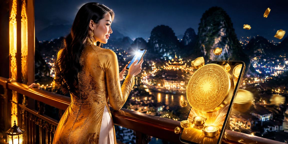 Người phụ nữ mặc áo dài dùng điện thoại chơi game tại Ninh Bình